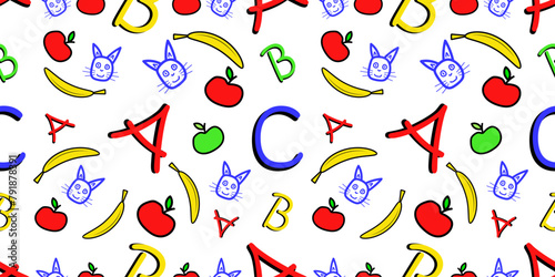Children's colored ABC alphabet pattern, with bananas, apples, cats and letters