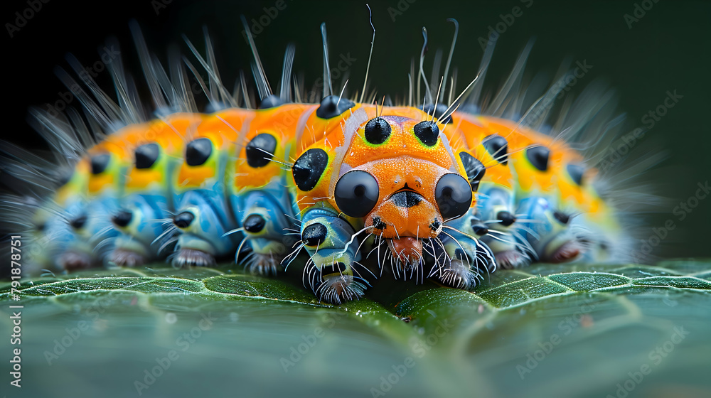 A close view of a caterpillar munching on a leaf, focusing on its patterns and the tiny bites it takes A close view of a caterpillar munching on a leaf, focusing on its patterns and the tiny bites it takes