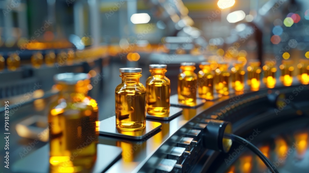 Medical vials on the production line at the pharmaceutical factory Medical vials on the production line at the pharmaceutical factory