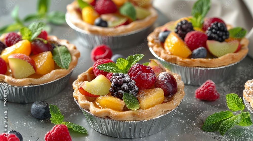 Tasty tartlets with fresh berries on grey table, closeup Tasty tartlets with fresh berries on grey table, closeup