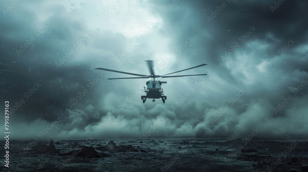 Military helicopter over the front line on storm Military helicopter over the front line on storm