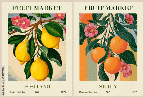 Set of Abstract Fruit Market retro posters. Trendy contemporary wall arts with lemon and orange citrus fruits. Modern naive groovy funky interior decorations, paintings. Vector colorful illustrations.