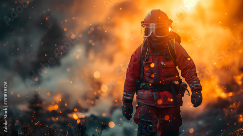 Brave Firefighter Walking Through Intense Flames in Wildfire