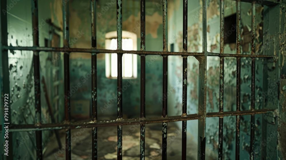 A prison cell behind iron bars. Gloomy room with shabby walls A prison cell behind iron bars. Gloomy room with shabby walls