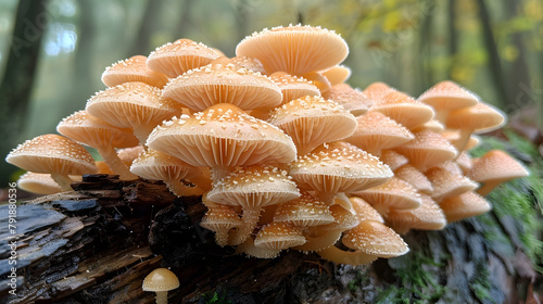 A cluster of tiny mushrooms growing on a fallen log, each cap captured in detail to show the delicate gills underneath