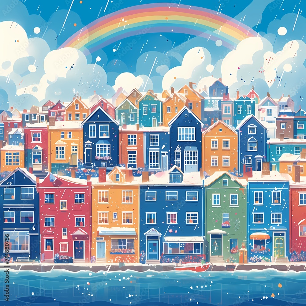 Vibrant Winter Wonderland: Charming Row Houses under a Rainbow