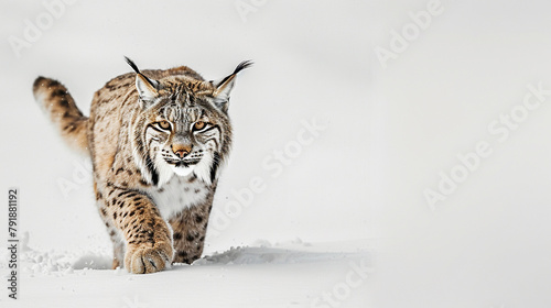 Majestic lynx prowling through snow against a clean white background  its tufted ears alert and attentive.