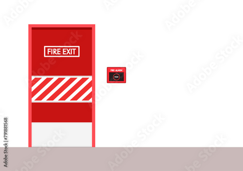 Fire door vector. Fire alarm cartoon vector. Fire alarm system. Fire equipment. Vector illustration in flat style. Exit door.