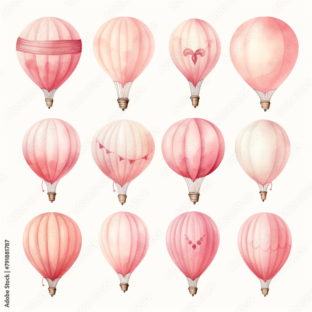 balloons for a baby clipart , watercolor illustration, pink and cream colors сreated with Generative Ai