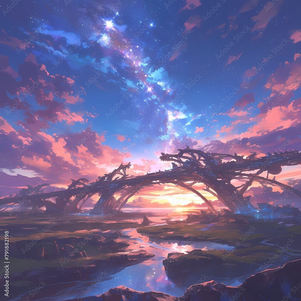 Breathtaking Sci-Fi Horizon with Stellar Reflections and Otherworldly Architecture