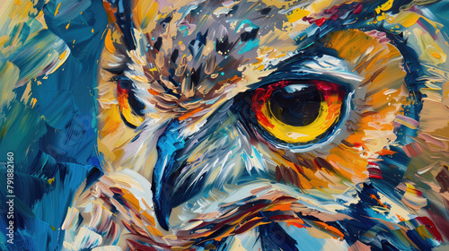 Abstract painting of long eared owl in watercolor or acrylic style, close up, brush strokes, orange eyes. photo