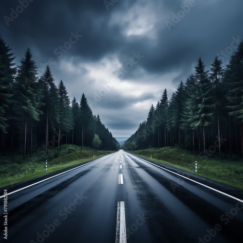 Dramatic perspective shot of a long, straight road stretching into the horizon, creating a striking vanishing point, the road is lined with sparse, tall trees