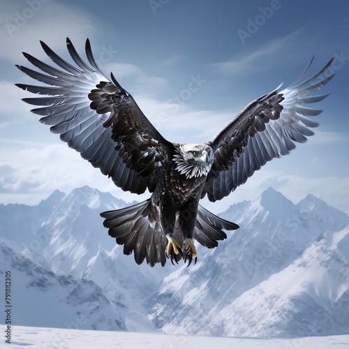 Striking image of a Frost Eagle soaring above a snow-covered landscape, its wings dusted with frost, the vertical frame enhances the majesty and grace of the eagle against the stark, icy backdrop © kang_88_qp