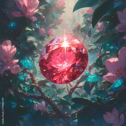 Radiant Ruby Gemstone Illuminated by Sunlight within Magical Floral Realm photo