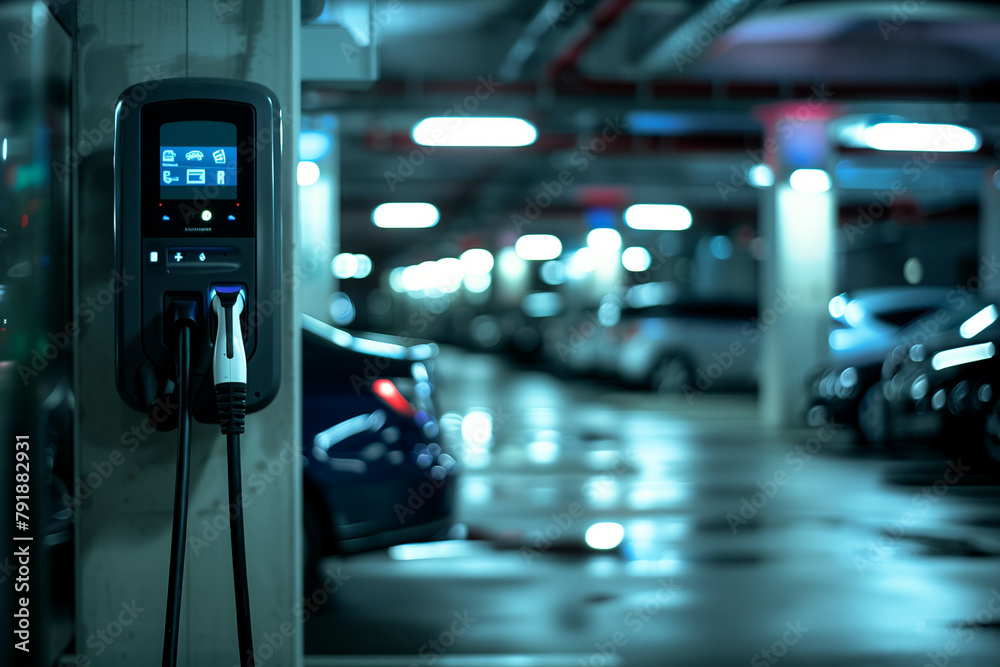 Photo of an electric car charging station in a parking garage, with cars parked nearby Photo of an electric car charging station in a parking garage, with cars parked nearby