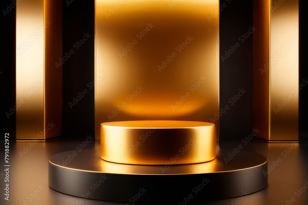 3D podium , pedestal made of gold, in the studio , gold, for advertising goods, cosmetics, things, luxury 3D podium , pedestal made of gold, in the studio , gold, for advertising goods, cosmetics, things, luxury