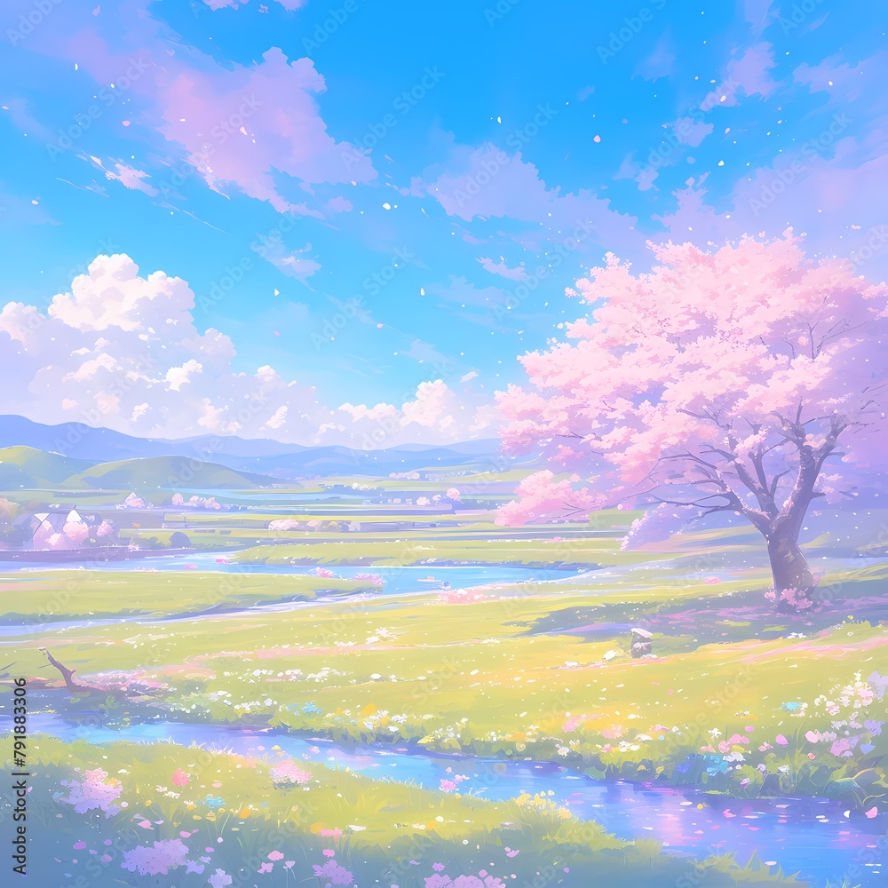 Enchanting Vistas - Tranquil Field, Pastel Hues, Pink Blossoms
