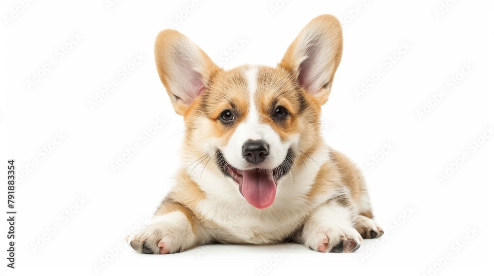 cute puppy with a tongue sticking out. The puppy is sitting on a white background. The puppy has a happy expression on its face