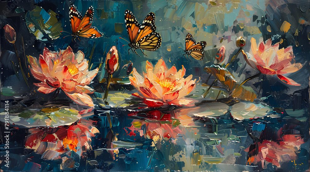 Impressionistic Elegance: Butterflies with Monet's Water Lilies Wings in Oil