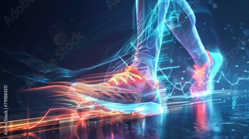 3d Illustration runner legs with shoes with fast hologram graphic effect. AI generated image