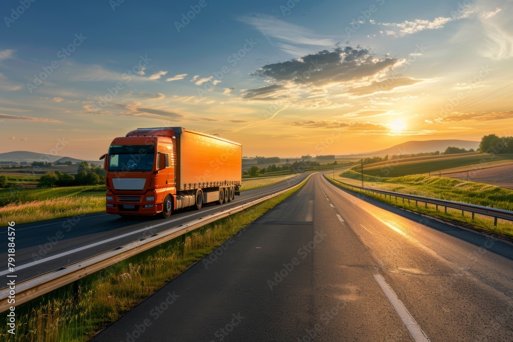 Orange freight truck on a highway through sunny rural landscape at sunset