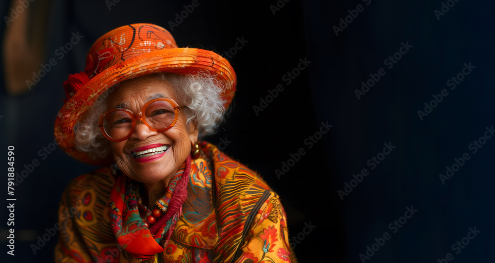 Radiant elderly black woman with colorful hat and glasses smiling warmly