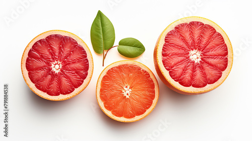 Red blood Orange slices fruit set with green leaves isolated on white background.