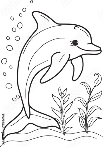 Coloring pages. Marine wild animals. Little cute baby dolphin smiles.