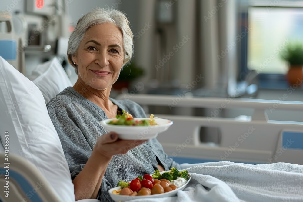 Senior woman in a hospital bed holding a salad bowl, looking satisfied and healthy Senior woman in a hospital bed holding a salad bowl, looking satisfied and healthy