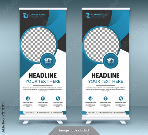Roll up banner stand template design. Vertical banner template. Universal stand for conference.