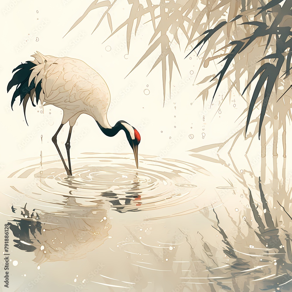 Fototapeta premium Exquisite Birdlife - The Graceful Crane Reflected on Water's Surface at Sunrise