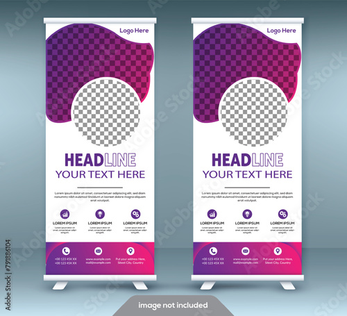 Roll up banner stand template design. Vertical banner template. Universal stand for conference.