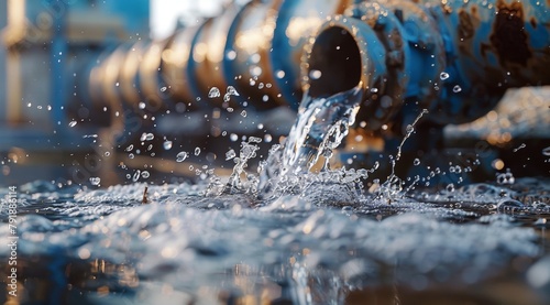 A closeup of an old water pipe with blue and white patterns, the splash is flying out from beneath it. Water gushes onto concrete in motion. The background shows part of industrial buildings. 