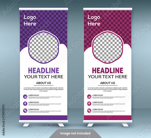 Roll up banner stand template design. Vertical banner template. Universal stand for conference.
