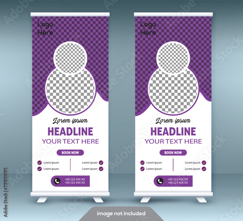Roll up banner stand template design. Vertical banner template. Universal stand for conference.