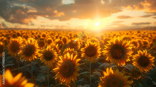 A field of sunflowers at sunset, using HDR techniques to capture the rich yellows and the suna??s glow on the horizon photo