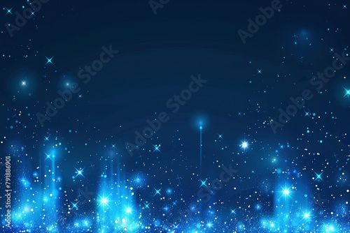A magical nightscape with a deep blue canvas sprinkled with glistening white stars, glowing lights, and a dreamy bokeh effect. photo