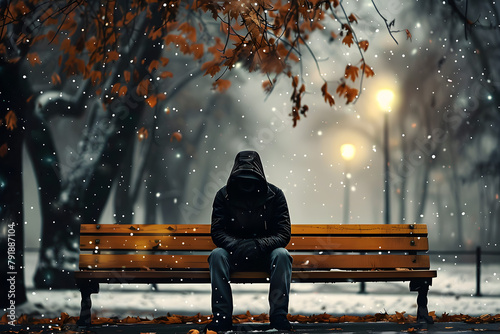 A solitary figure sits on a park bench amidst a tranquil autumn setting, exhibiting themes of loneliness and contemplation, suitable for mental health topics. photo