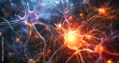 Illustration of active neurons with synapses in the human brain, suitable for medical and scientific use. #791887143