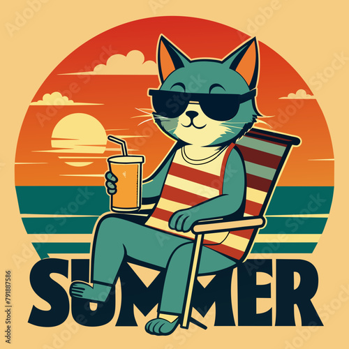 summer t-shirt design with cat sunset vector illustration photo