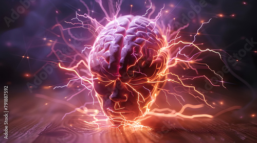 Vibrant 3D rendering of a brain with electric shocks  symbolizing epilepsy  suitable for medical or awareness themes.