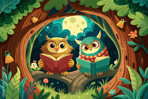 Two owls reading books together in a cozy tree hollow