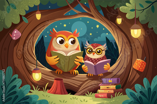 Two owls reading books together in a cozy tree hollow