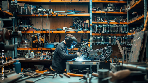 Surrounded by shelves of tools and spare parts, an engineer meticulously welds together the frame of a robot prototype, their craftsmanship evident in the precision of every seam.