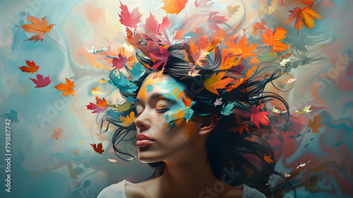 Artistic portrait of a woman with autumn leaves in her hair, imbued with vibrant fall colors and a dreamy atmosphere.