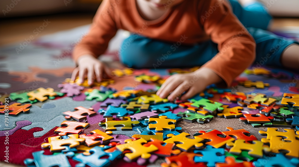 Fototapeta premium Child with autism spectrum playing with colorful puzzles on the floor, depicting learning and development challenges.