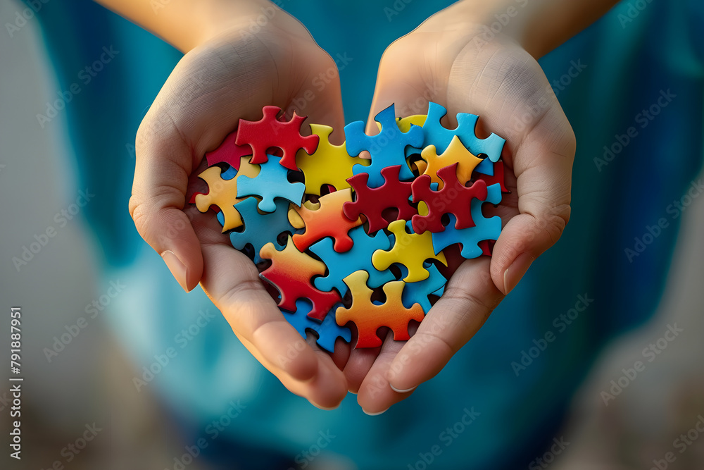 custom made wallpaper toronto digitalHands holding colorful jigsaw puzzle pieces in a heart shape, symbolizing support for World Autism Awareness Day.