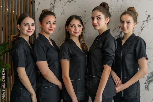 Photography of aesthetic romanian team therapists in beauty center.