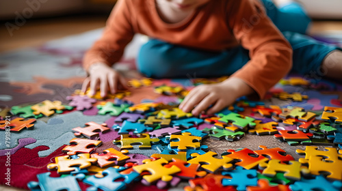 Child with autism spectrum playing with colorful puzzles on the floor, depicting learning and development challenges. photo