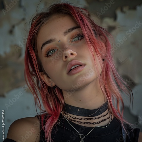 Una influencer sumamente atractiva con mechones de pelo rosa pastel photo